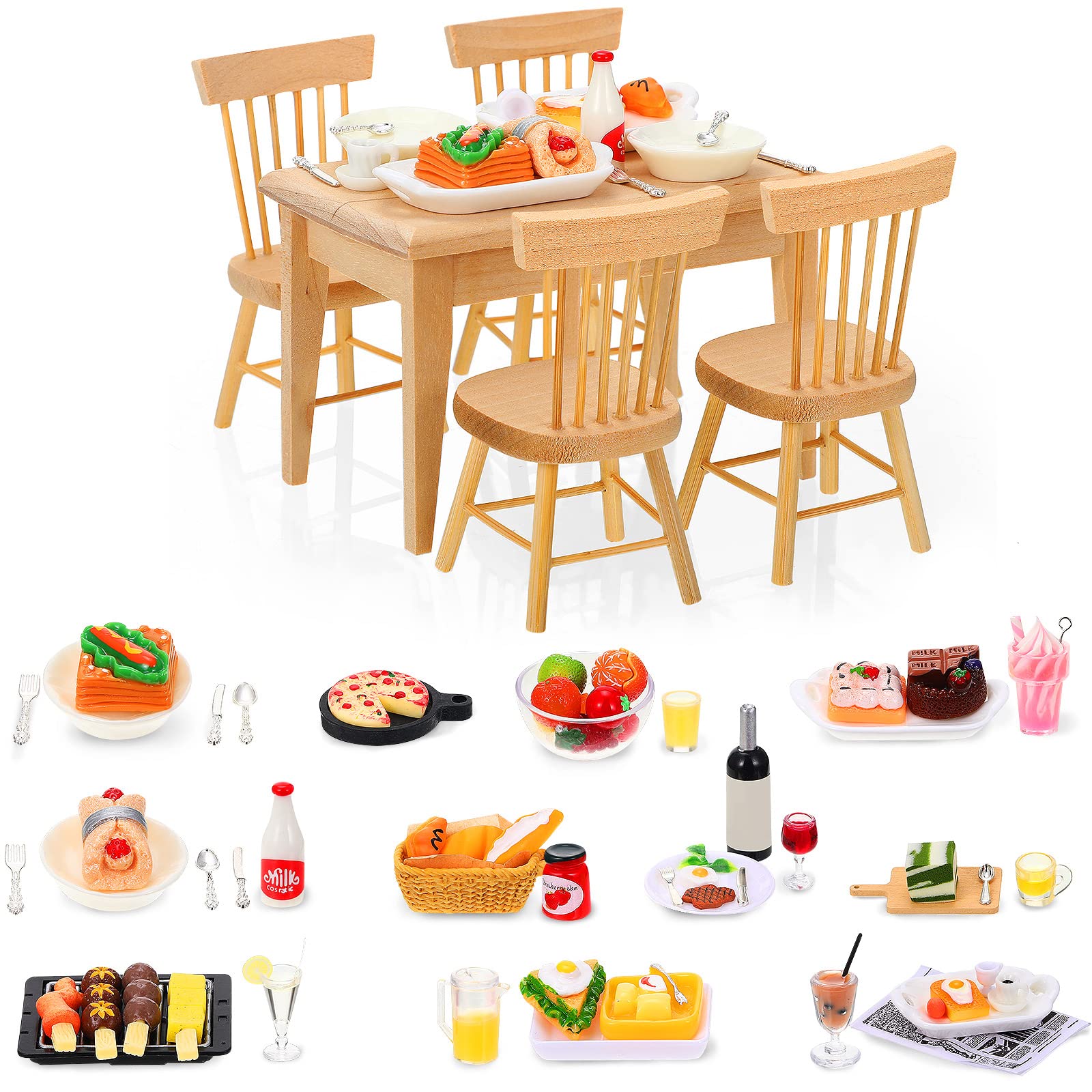 Photo 1 of 74 Pcs 1:12 Scale Dollhouse Miniature Food with Wooden Dollhouse Furniture of Table and Chair, Dollhouse Kitchen Accessories Sets Include Mini Milk Juice Knife Fork Spoon Dessert Cake BBQ