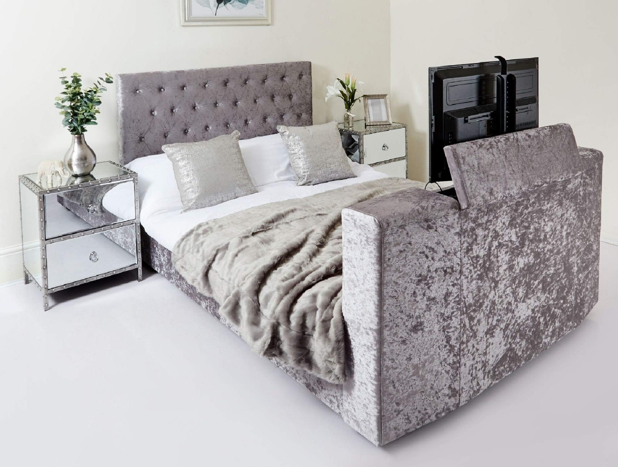 TV Bed Frame for 32" Super King Grey Crushed Velvet for Bedroom with Electric Remote Control Sleigh Chesterfield Style (Grey Crushed Velvet Chesterfield Super King)