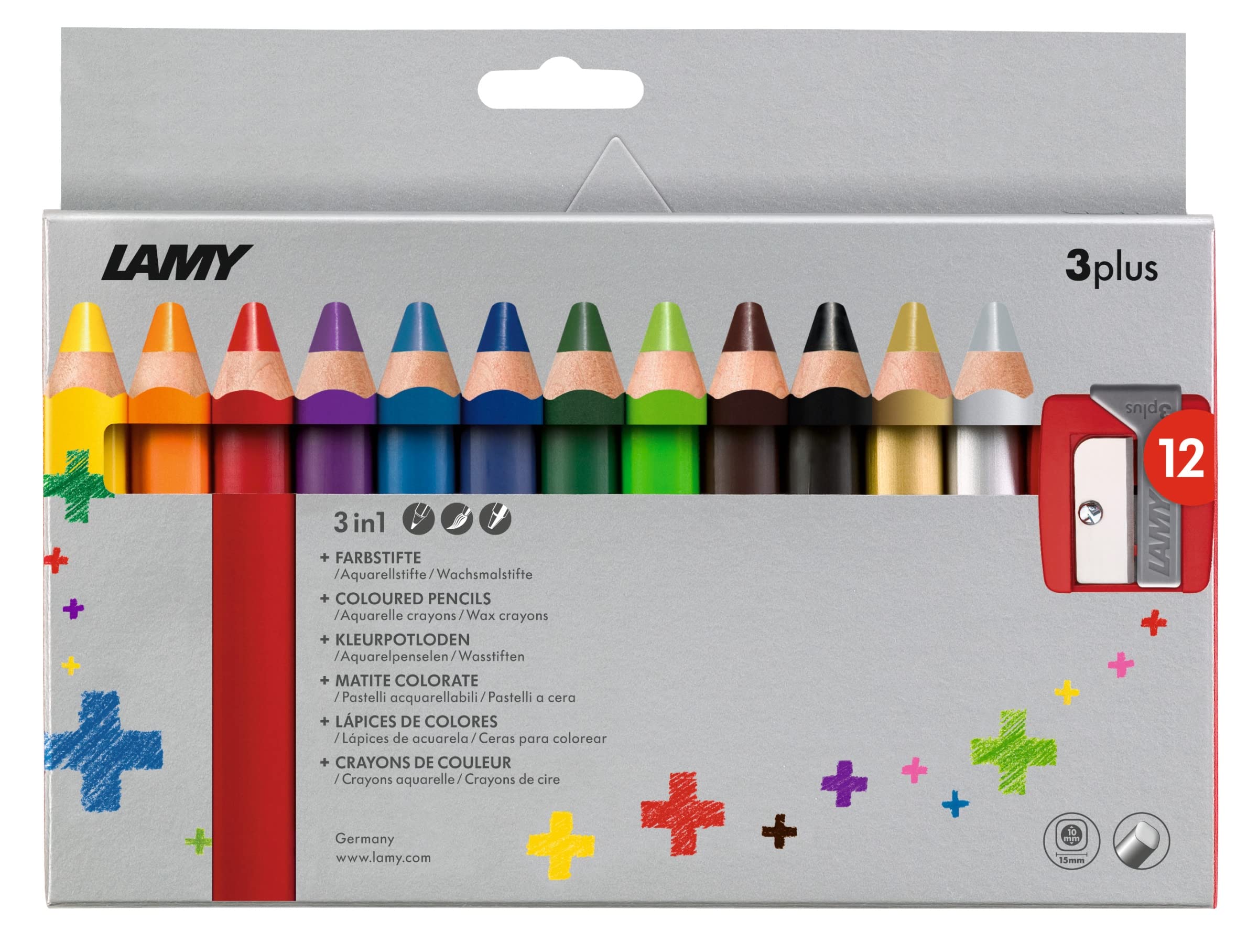 Lamy 3plus Colouring Pencils in Folding Box Set of 12 – Colouring, Watercolour & Wax Crayons in One – Made of Solid Basswood with Ergonomic Square Shape – Thick Lead Diameter 10 mm