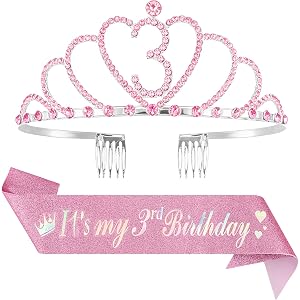 Chanaco 3rd Birthday Decorations for Girls 3 Year Old Girl Gifts Birthday Sash and Crown Pink Rhinestone Tiara Accessories 3