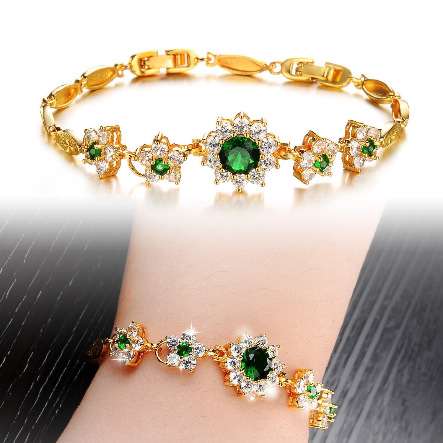 Women Bracelets, Kredy 18K Gold Adjustable Emerald Love Flower Link Bangles Bracelets for Women Girls