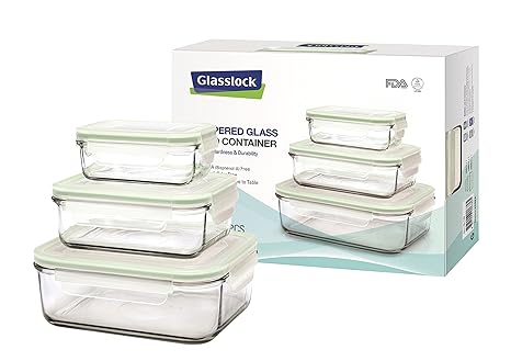 Glasslock (GL-135, 1x 400ml, 1x 1000ml, 1x 2000ml) Rechteckige Vorratsdosen aus Glas - Mikrowellen Typ