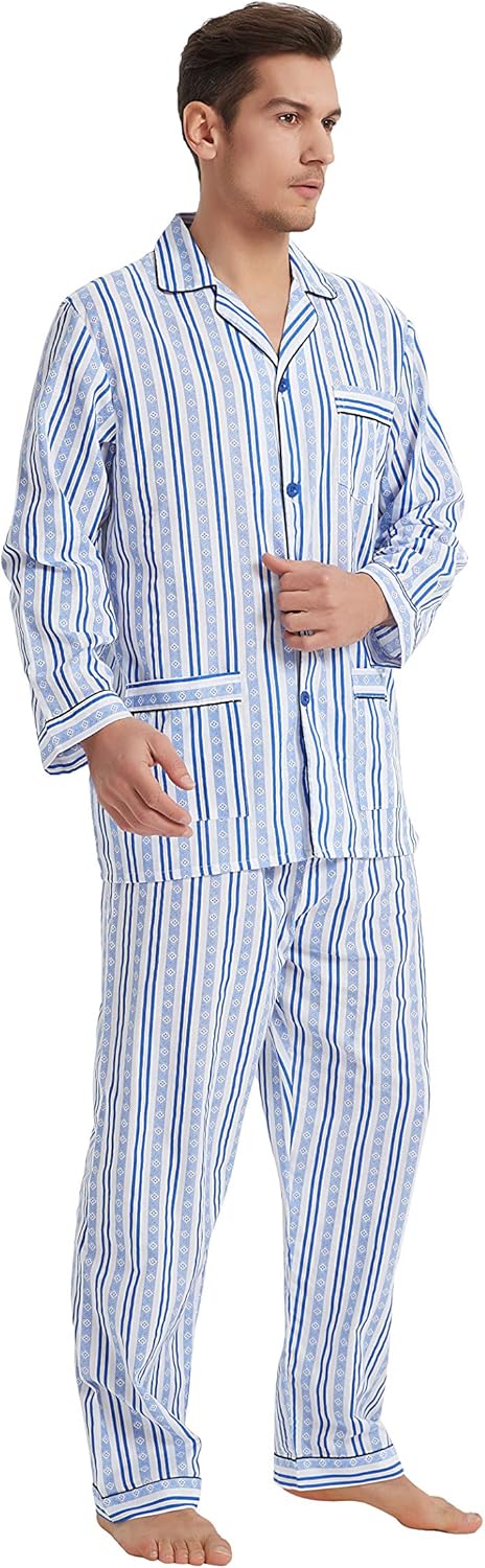 GLOBAL Mens Pajamas Set, 100% Cotton Woven Drawstring Sleepwear Set with Top and Pants/Bottoms at  Men’s Clothing store
