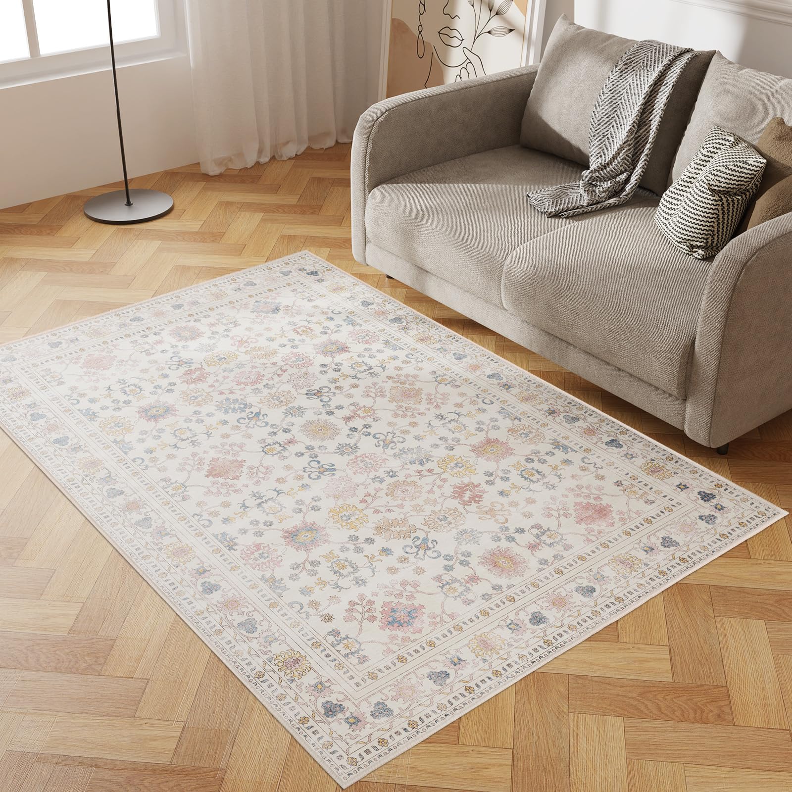 Photo 1 of 4x6 Washable Area Rug, Low Pile Faux Wool Carpet for Living Room, Bedroom, Dining Room, Vintage Flower Design, Non-Shedding Low-Pile Rug in Beige for High-Traffic Areas with Non-Slip Rubber Back