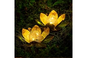 AIINY Garden Solar Light Outdoor(2Pack) , Amber Crackle Globe Glass Lotus Decoration , Waterproof Orange Metal LED Flower Lights for Patio,Lawn,Walkway,Tabletop,Ground, Garden Gifts