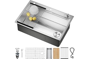 CAMMOO 33X22 Drop In Kitchen Sink with Pop-Up Drain, 304 Stainless Steel Workstation Sink, Upgraded Fast Drain & Anti-Clog, Topmount Single Bowl with Accessories, Foldable Grid for Easy Cleaning