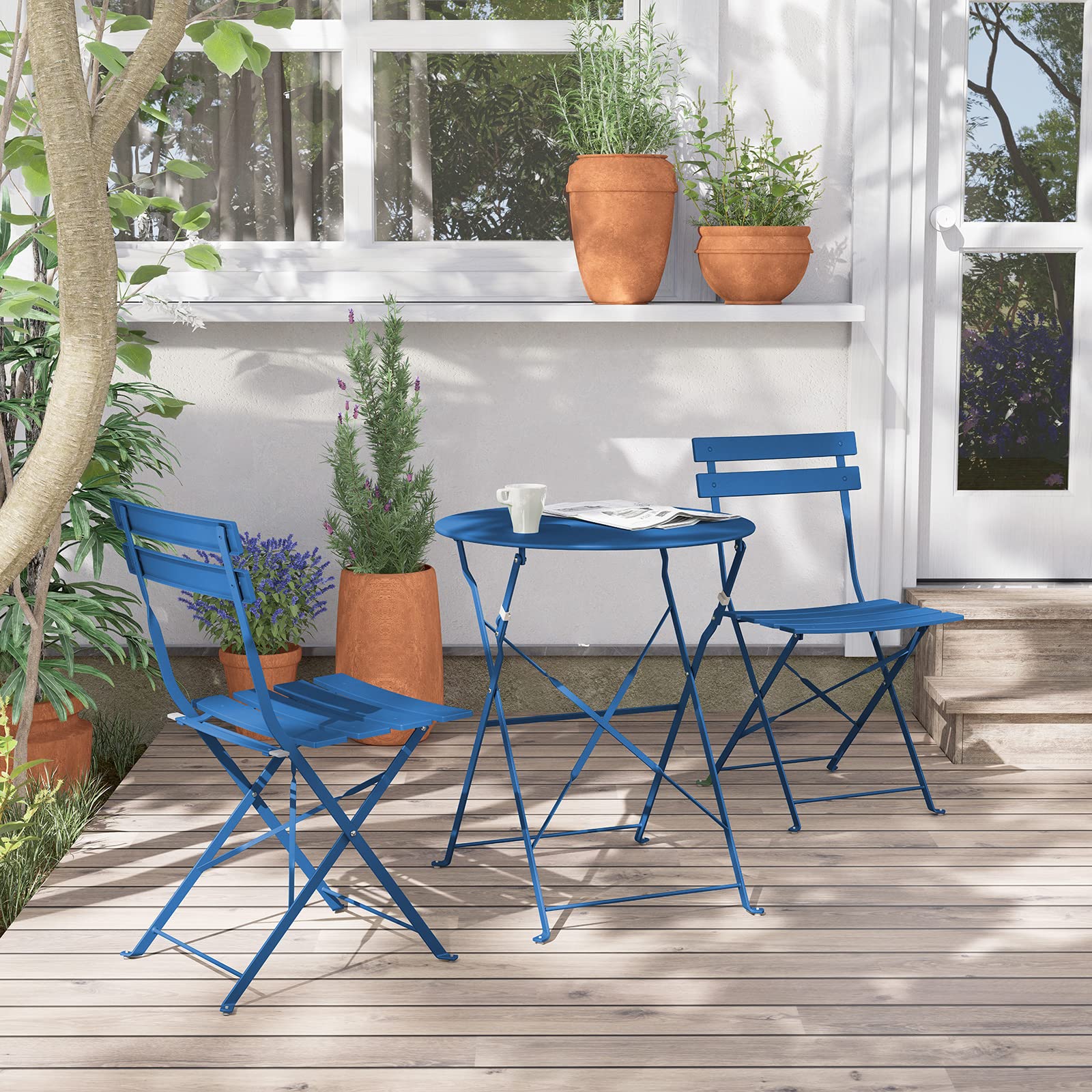 Grand patio Folding Bistro Set 3 Pieces, Conversation Set, Folding 2 Chairs and 1 Table, Weather Resistant, Patio Table Chairs for Balcony,Yard, Garden (Peacock Blue)