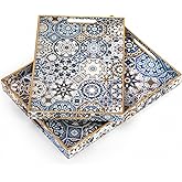 Hiceeden Set of 2 Decorative Serving Trays with Handles, Boho Tea Trays Ottoman Trays for Serving, Modern Plastic Coffee Tabl