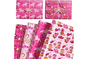LaVenty 12 Sheet Pink Cowgirl Wrapping Paper Western Girl's Party Gift Wrap Paper DIY Crafts for Rodeo Bridal Shower Wedding 