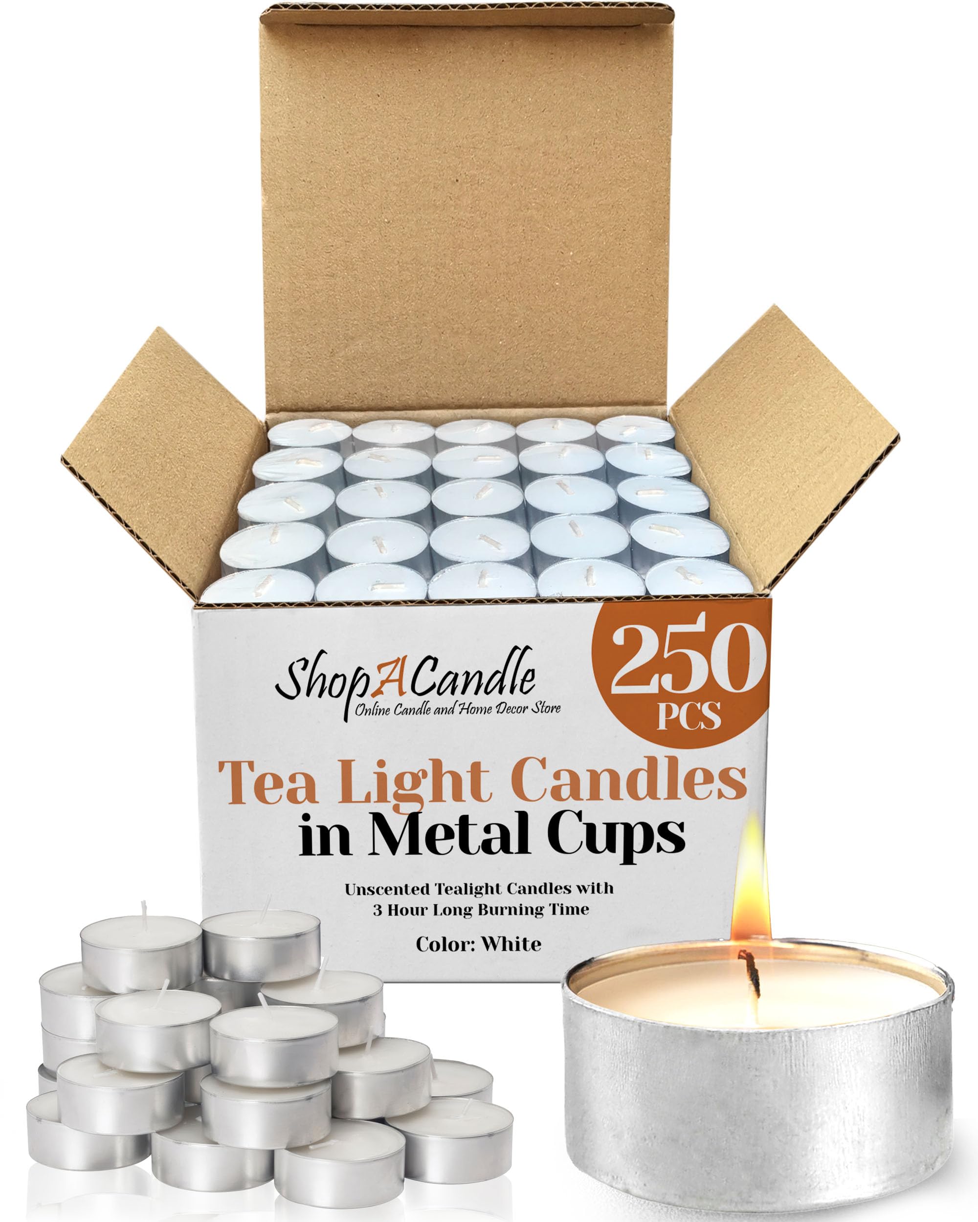 Photo 1 of 250 Pack Tealight Candles in Metal Cups - Clean, White Unscented Tealight with 3 Hour Long Burning Time - Votive Candles Bulk for Romantic Dinner, Weddings, Spa & Hotels