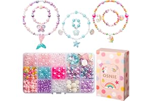 OSNIE Kids DIY Bead Jewelry Making Kit with 400+ Beads & Charms for Creative Bracelets Necklaces Rings, Children Mermaid Starfish Shell Princess Necklace Bracelets Making Art Craft Bead Kit for Girls