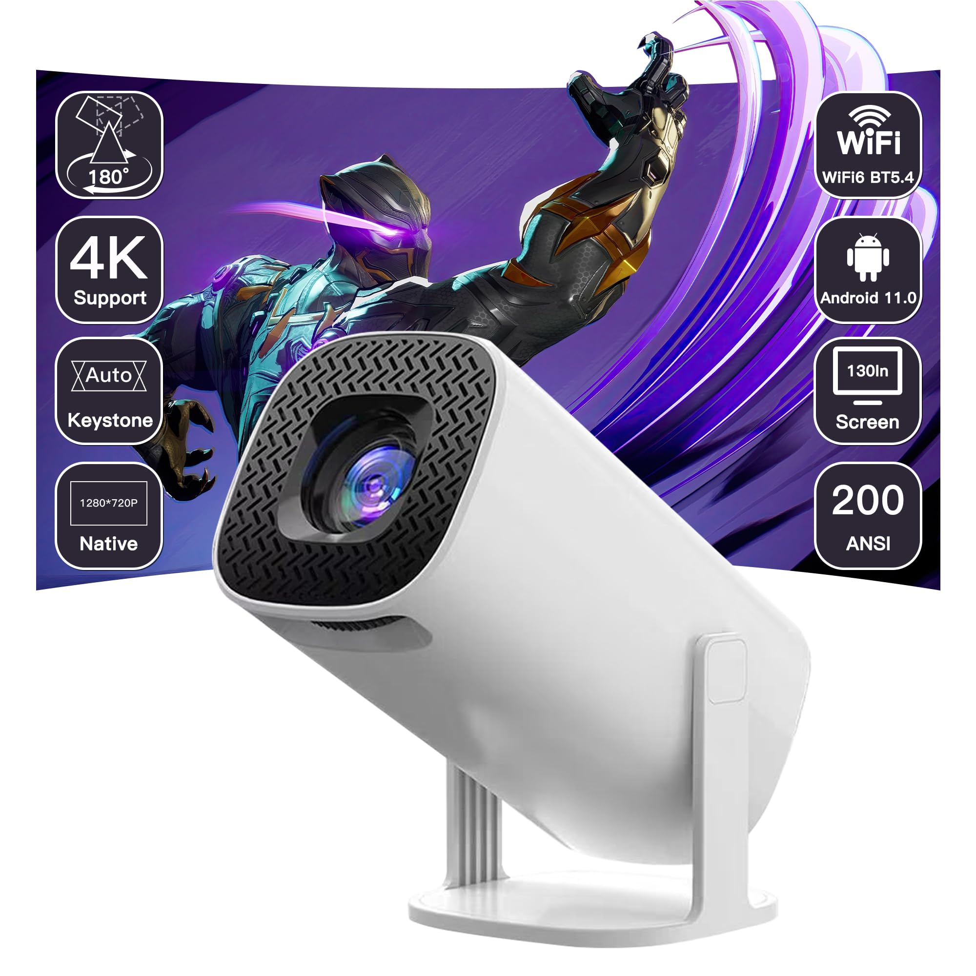 Mini Projector 4K 1080P Support, Smart Portable Projector WiFi6 BT 5.4 Android 11, Auto Horizontal Correction 180°Rotatable Outdoor Movie Projector Compatible with Phone