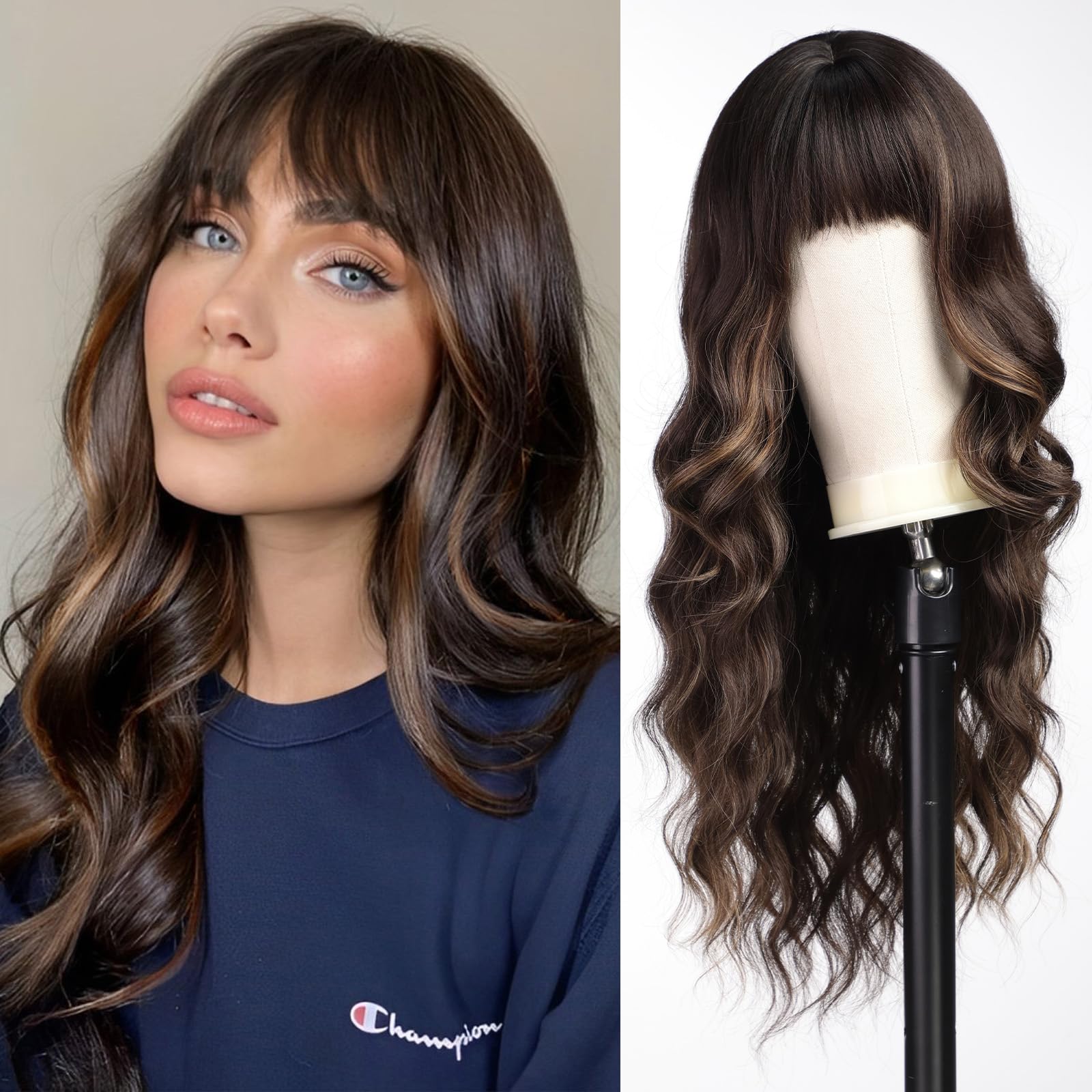 WOKESTAR Long Wavy Brown with Highlights Wigs for Women, Heat Resistant Natural Hair with Fringe