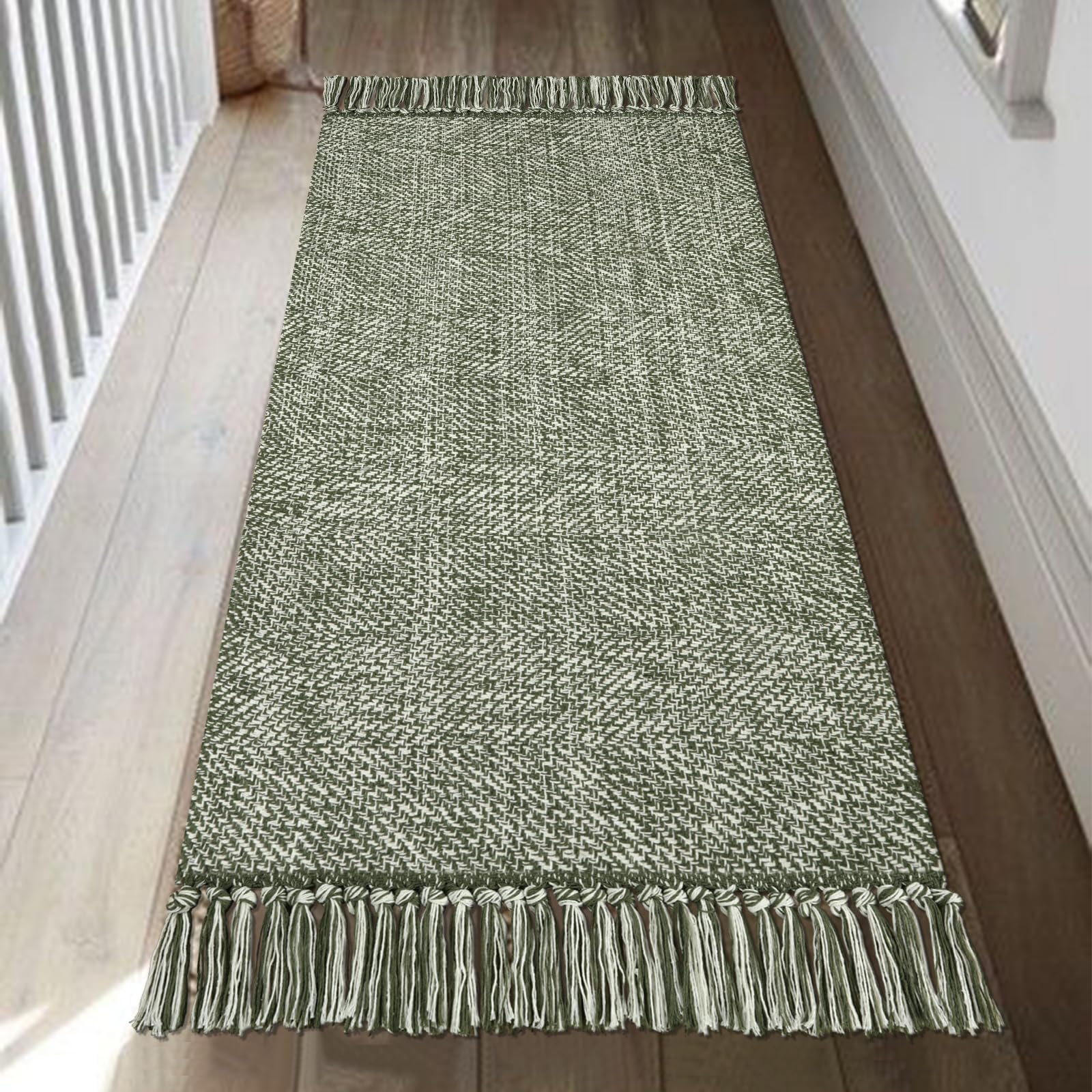 Photo 1 of Collive Kitchen Runner Rug, 2' x 4.3' Hand-Woven Reversible Washable Rug, Olive Green/Cream Cotton Modern Farmhouse Bathroom Rug Hallway Carpet for Foyer Bedroom Entry Back Door Decor