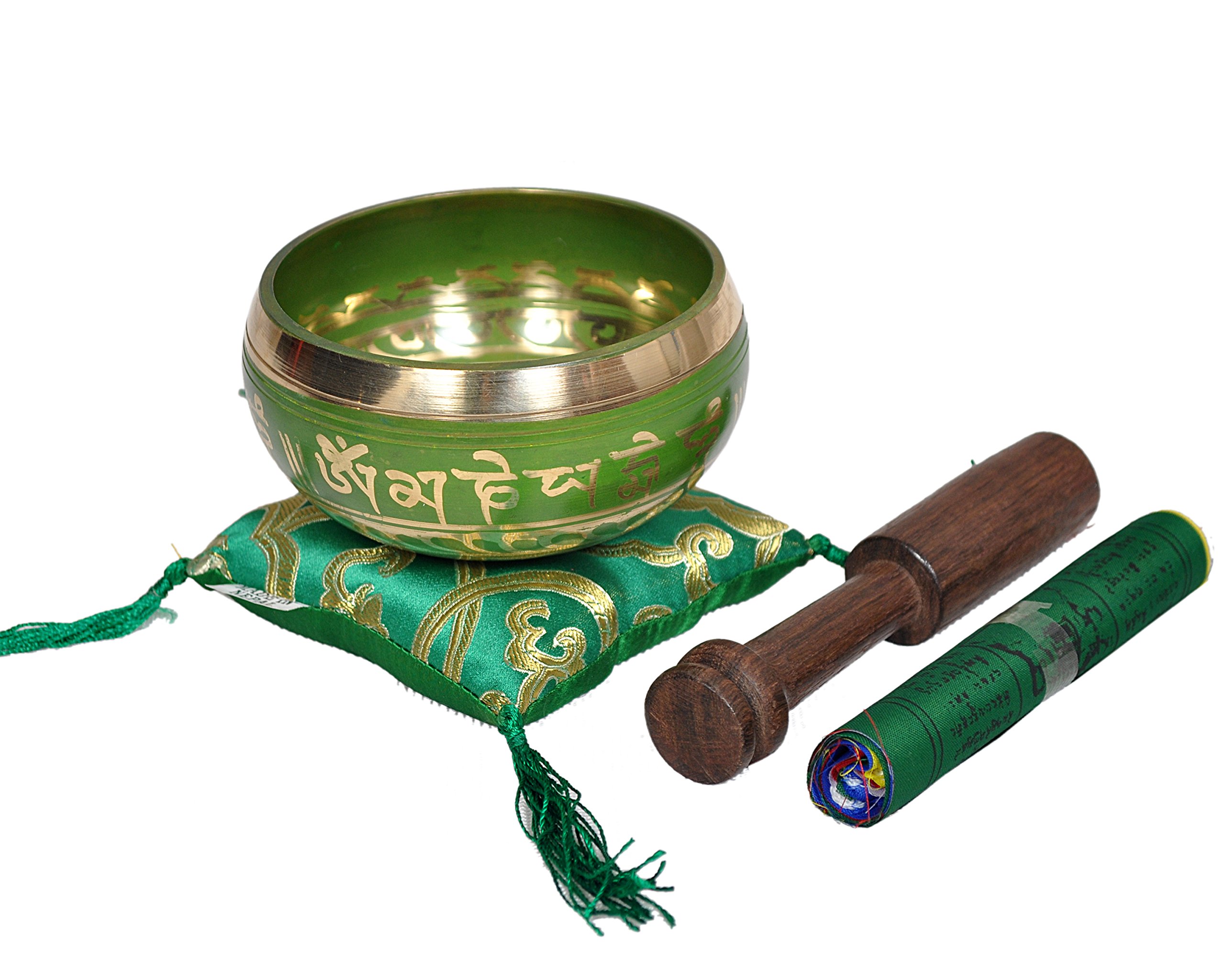 Tibetan Singing Bowl Set By Dharma Store - With Traditional Design Tibetan Buddhist Prayer Flag - Handmade in Nepal (Green)