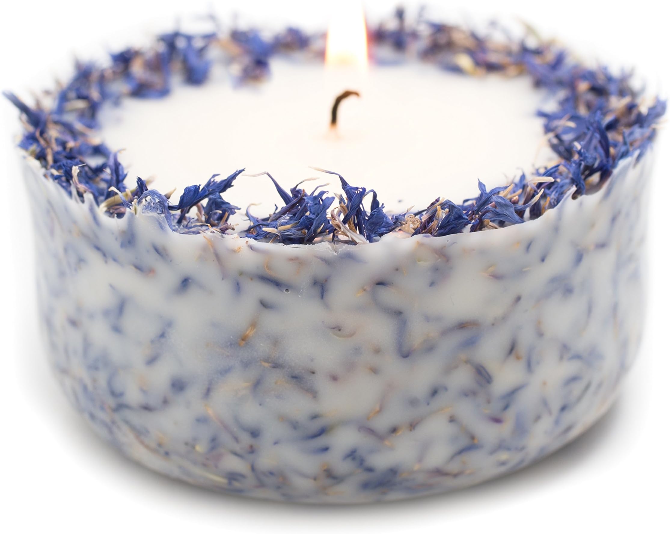 Organic Soy Candle with real Blue Cornflower and Lavender-fireneedle scent, essential oil, Relaxing, helps to release tension
