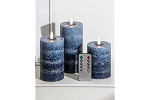 Stmarry Gradient Navy Blue Flameless Candles with Remote and Timer, Real Wax Made LED Pillar Candles Battery Operated with 3D Flickering Flame, 3" x 4",5",6", Navy Blue Decor, Set of 3