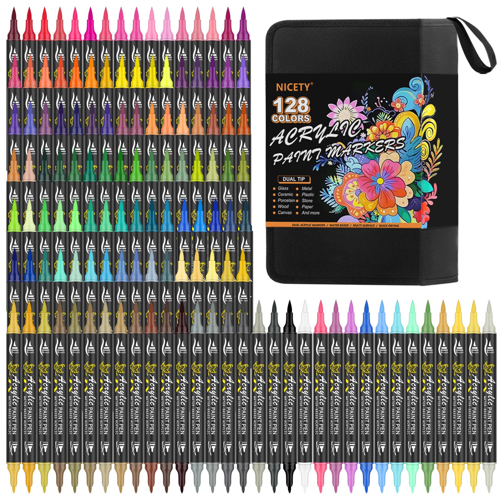 Photo 1 of (MIX SET) NICETY 128 Acrylic Paint Markers, Dual Tip Brush Paint Pens for Rock Painting, Wood, Glass, Stone, Canvas, Ceramic, Fabric - Fine & Brush Tip Water Based Acrylic Markers Pens