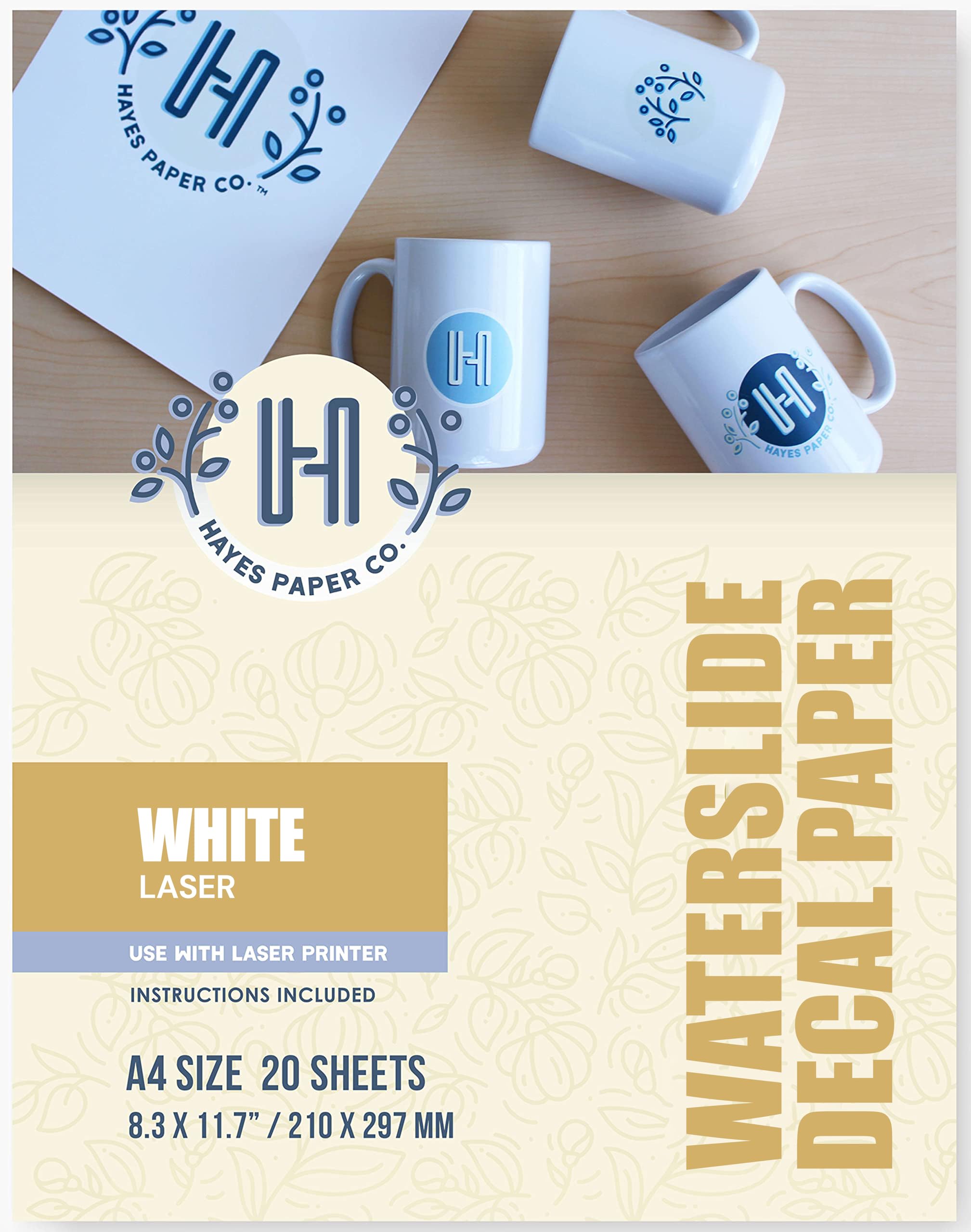 Hayes Paper Co. Waterslide Decal Paper Laser White - Premium A4 Water Decal Paper Laser Printer - White Transfer Paper, 20 Sheets