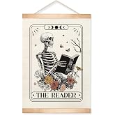 HEYJEEPER The Reader Gothic Skeleton Tarot Card Wall Art Decor, 14x18inch Canvas Wall Hanging Poster wiht Wood Hanger,Reading Wall Decor for Bedroom,or Library (Reader)