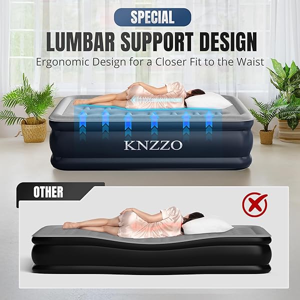 KNZZO TWIN AIR MATTRESS WITH BUILT-IN PUMP, 18″ TOP INFLATABLE MATTRESS WITH WATERPROOF FLOCKING FABRIC, THREE-MINUTE QUICK-INFLATABLE BED. PORTABLE BLOW UP MATTRESS FOR HOME, OUTDOOR AND GUESTS