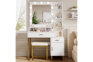 Xilingol Vanity Desk with Mirror & Lights, 37" Vanity Set with Mirror and Stool, Modern Makeup Table W/ 2 Drawers & Cabinet, Vanity for Makeup Room, Bedroom, White