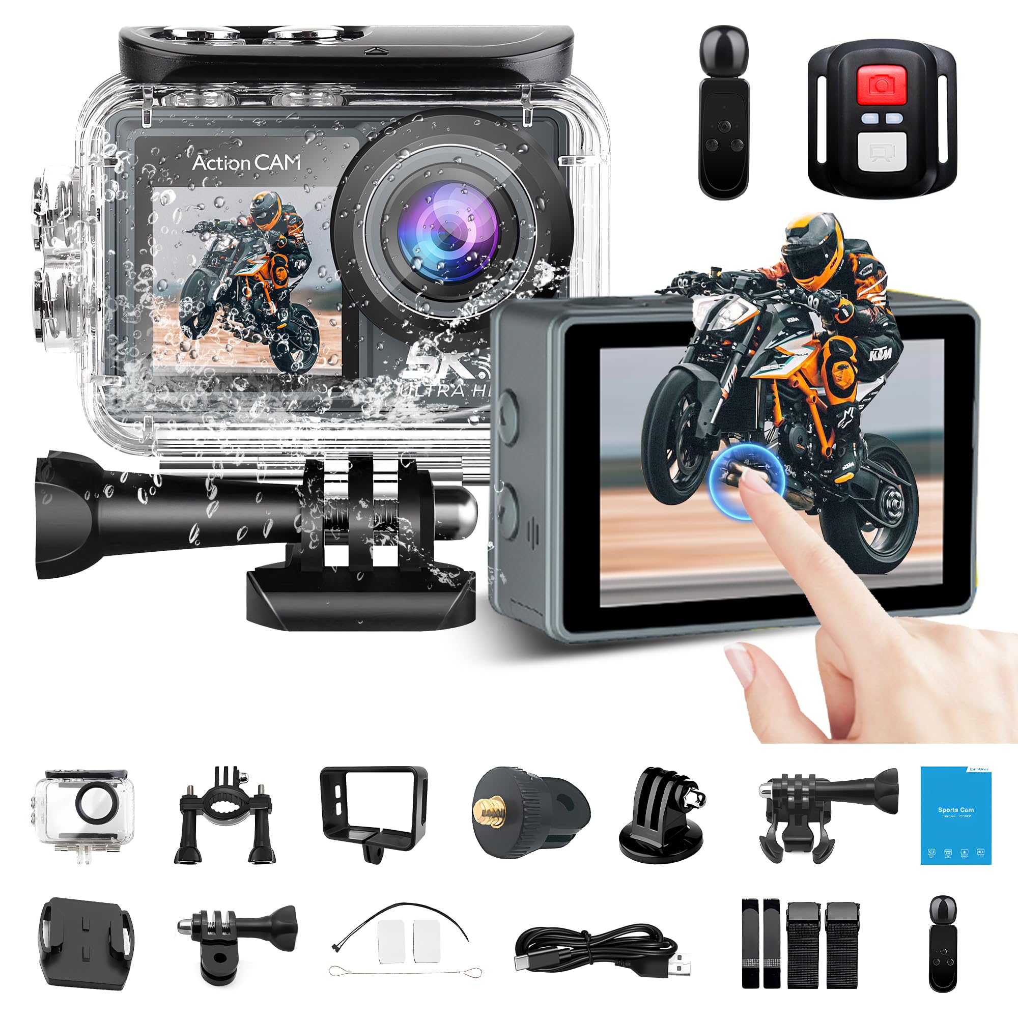 Photo 1 of CANKETEC Action Camera 5K30FPS, 48MP Ultra HD Underwater Camera EIS WiFi Remote Control Dual Touchscreens Sport Cameras with 32GB SD Card, Microphone and Helmet Mount Accessories Kits