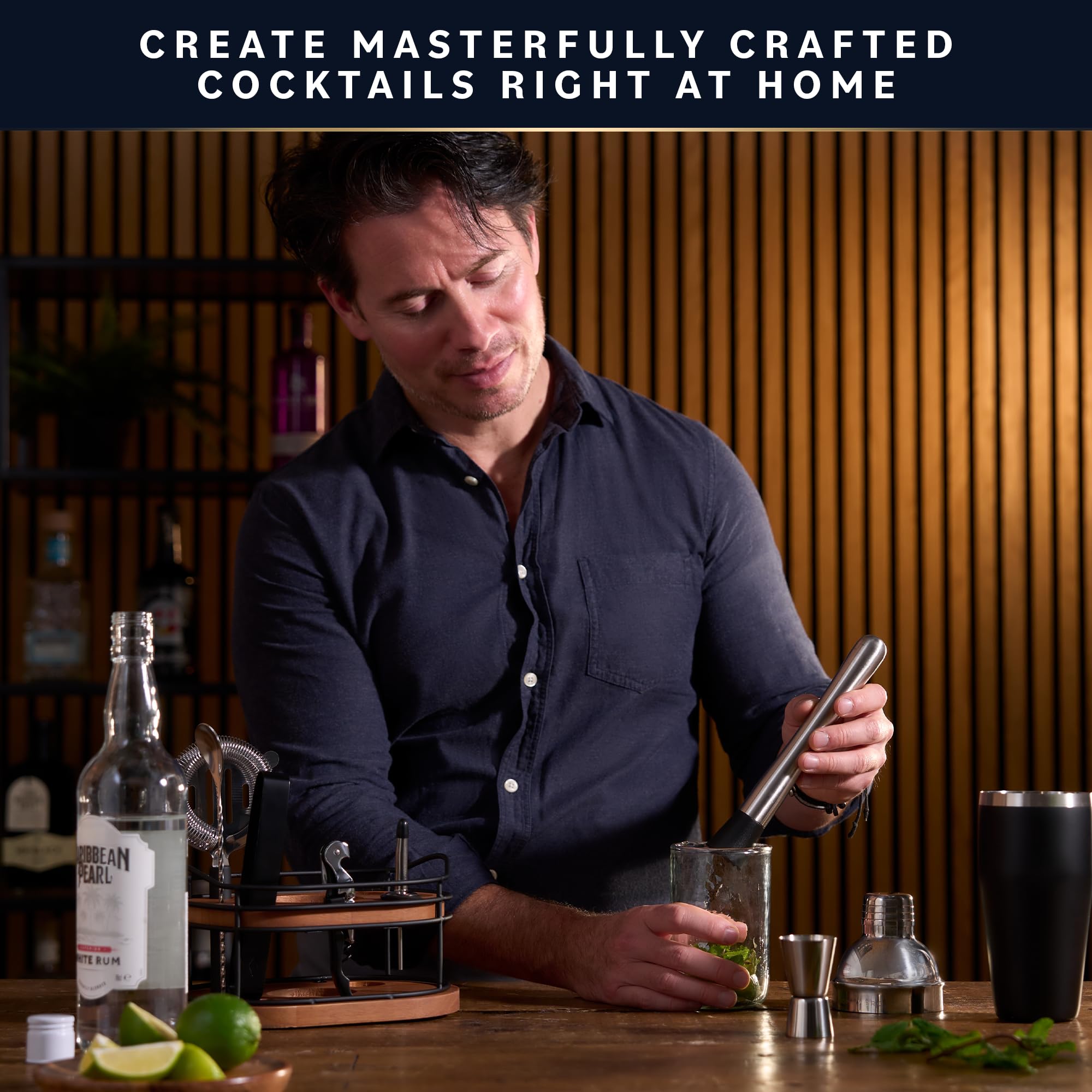 Home Hero Elegant 10-Piece Bartender Kit with Wooden Stand, Premium Bar Set & Cocktail Shaker, Gift for Home Bar and Cocktail Enthusiasts, Essential Bar Accessories w/Recipe Book (10Pcs-Black/Silver) - Image 3