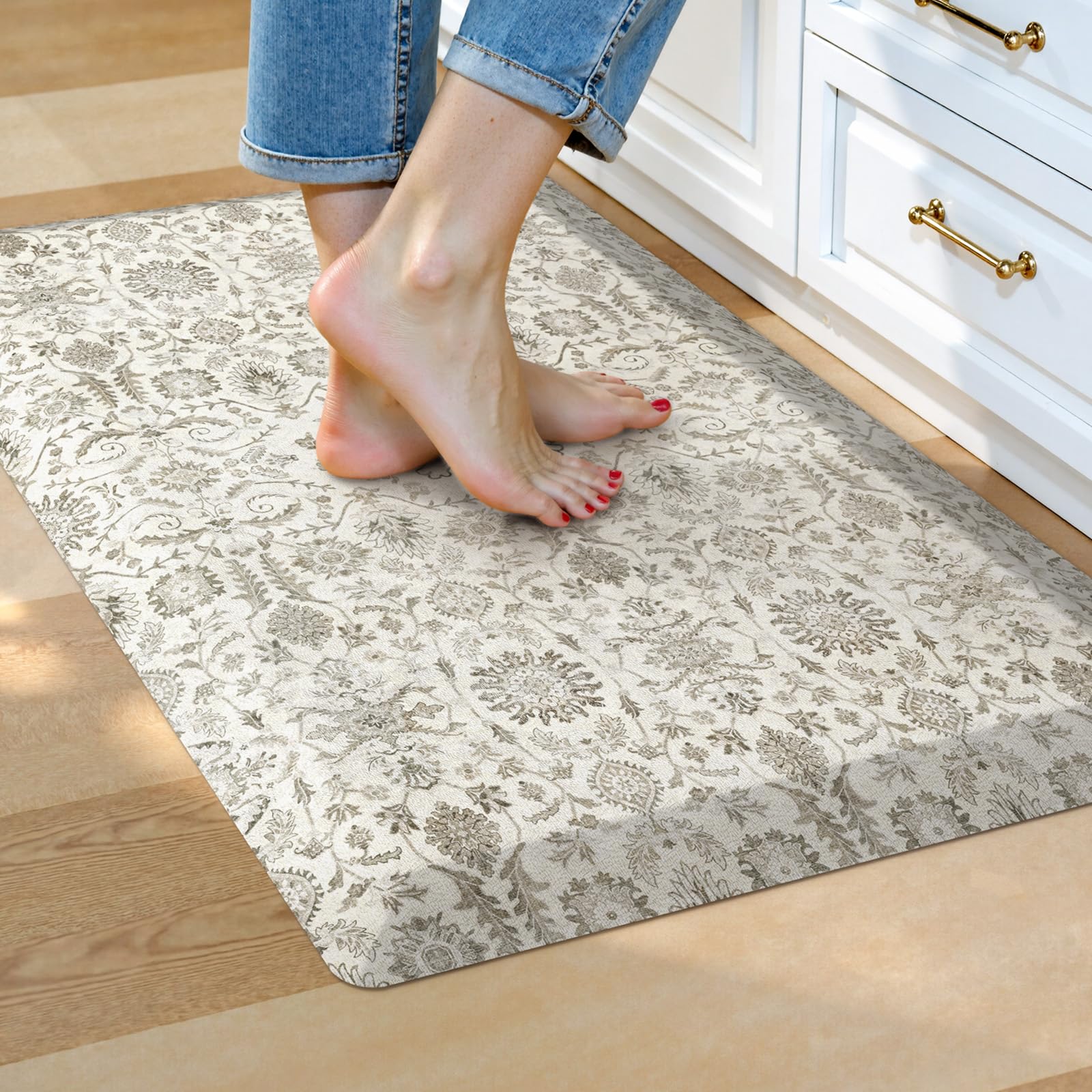 Photo 1 of Collive Kitchen Floor Mat Cushioned Anti Fatigue, Vintage Boho Floral Rug Non Skid Waterproof Kitchen Sink Rugs, Memory Foam Comfort Standing Desk Mats for Floor, Office, 17.3''x28''