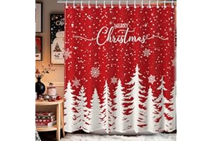 Lindameler Christmas Shower Curtain Winter Red Snowflake Christmas Tree Shower Curtain for Christmas Bathroom Decor Waterproof Fabric Xmas Holidays Home Decor Bath Curtain, 72 X 72 Inch