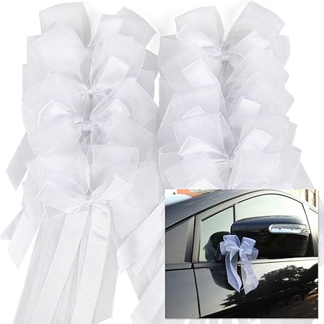 10 Luxus Antennenschleifen Autoschleifen Autoschmuck Kirchenschleife Tischschleife Handgemacht Satinband Brautwagen Organza Hochzeit Deko Weiss