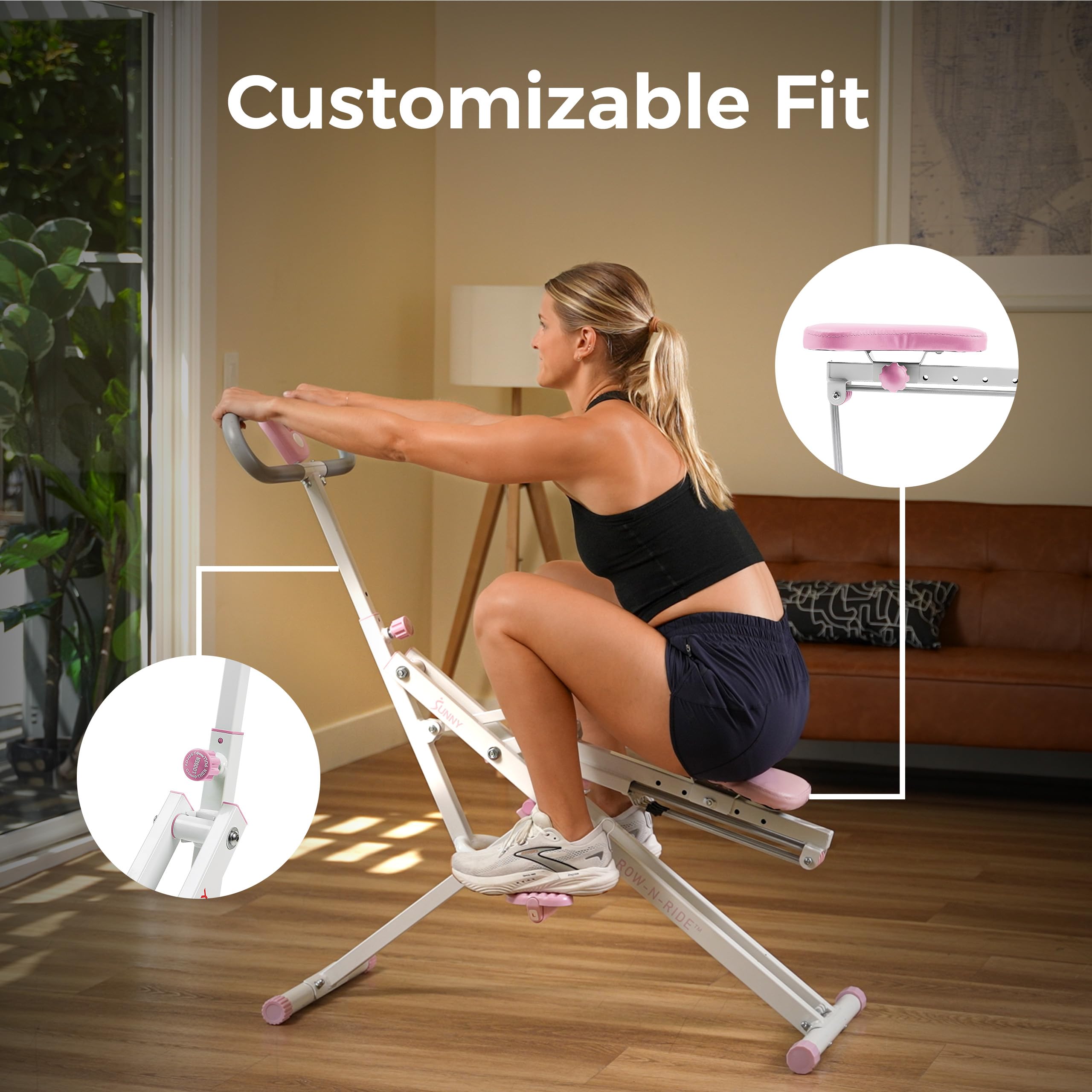 Sunny Health & Fitness Smart Row-N-Ride Glute & Leg Trainer, Foldable Squat Assist Rower with Exclusive SunnyFit App Connection
