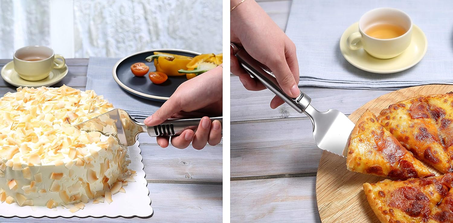Stainless Steel Pizza Cutter Set & Kitchen Gadget Set (6 PCS Set) - Includes Pizza Cutter Wheel, Chocolate & Cheese Grater, Serrated Pie & Cake Server, Garlic Press, Free Brush and Bonus Oven Mitt: Kitchen & Dining