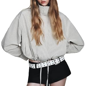Ziqoty Womens Plaid Jacket Casual Lightweight Cropped Coat | Bomber Gingham jacket with pockets, Stand Collar, Long Sleeve, Z
