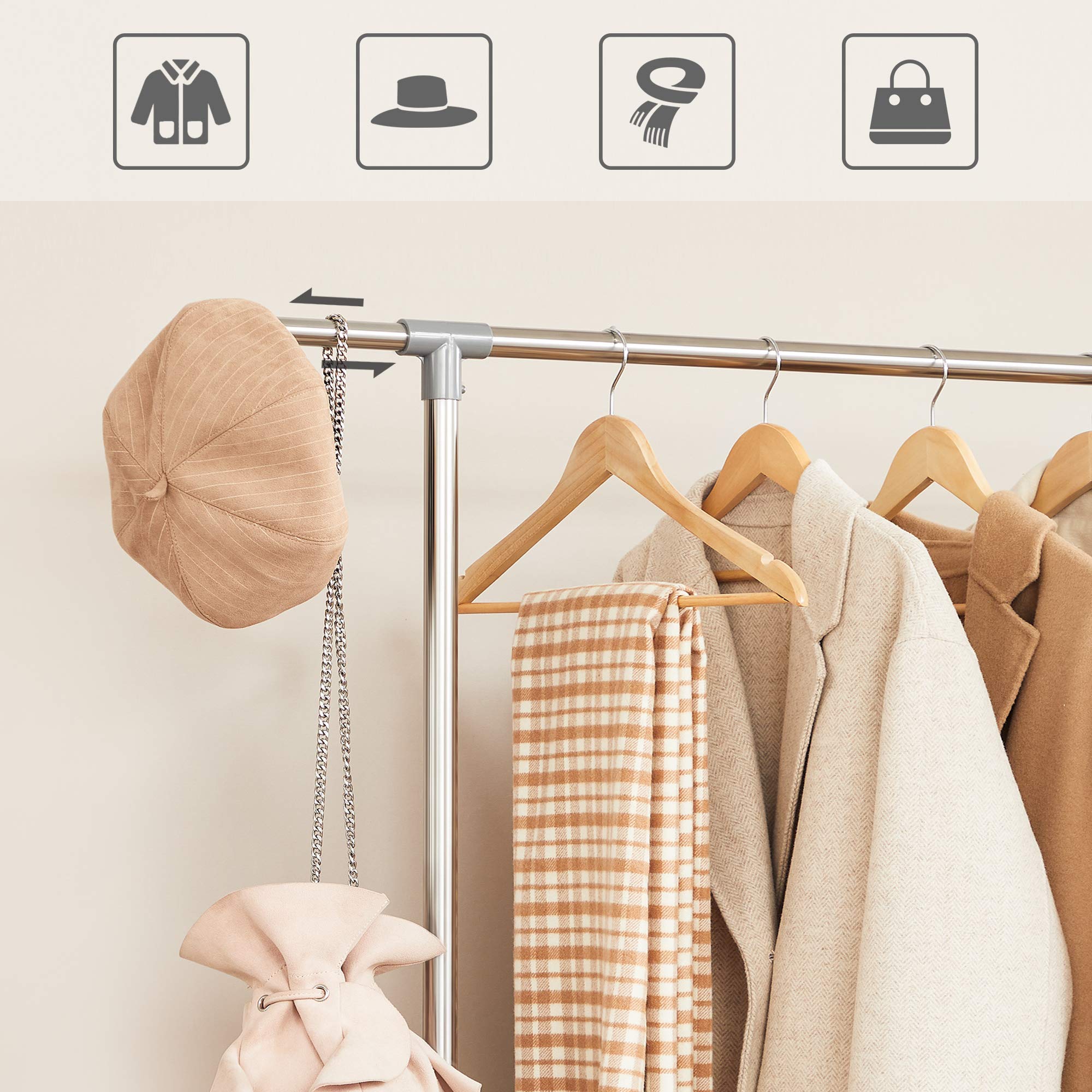 SONGMICS Kleiderständer Garderobenständer mit Rollen Höhenverstellbar von 113 bis 198 cm, Edelstahl plattierte Rohre, LLR401 6