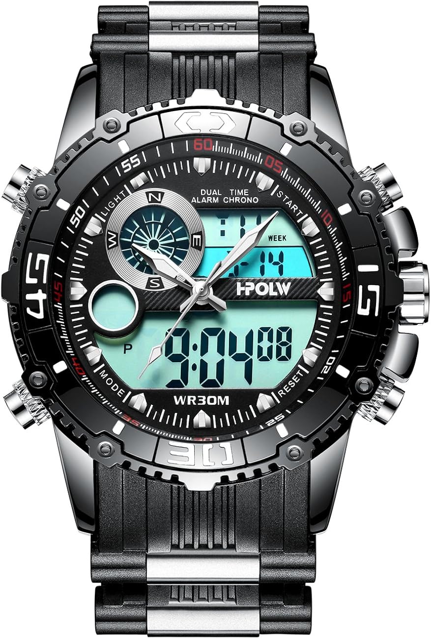 Mens Big Face Digital Analogue Sports Watches Men Waterproof Electronic