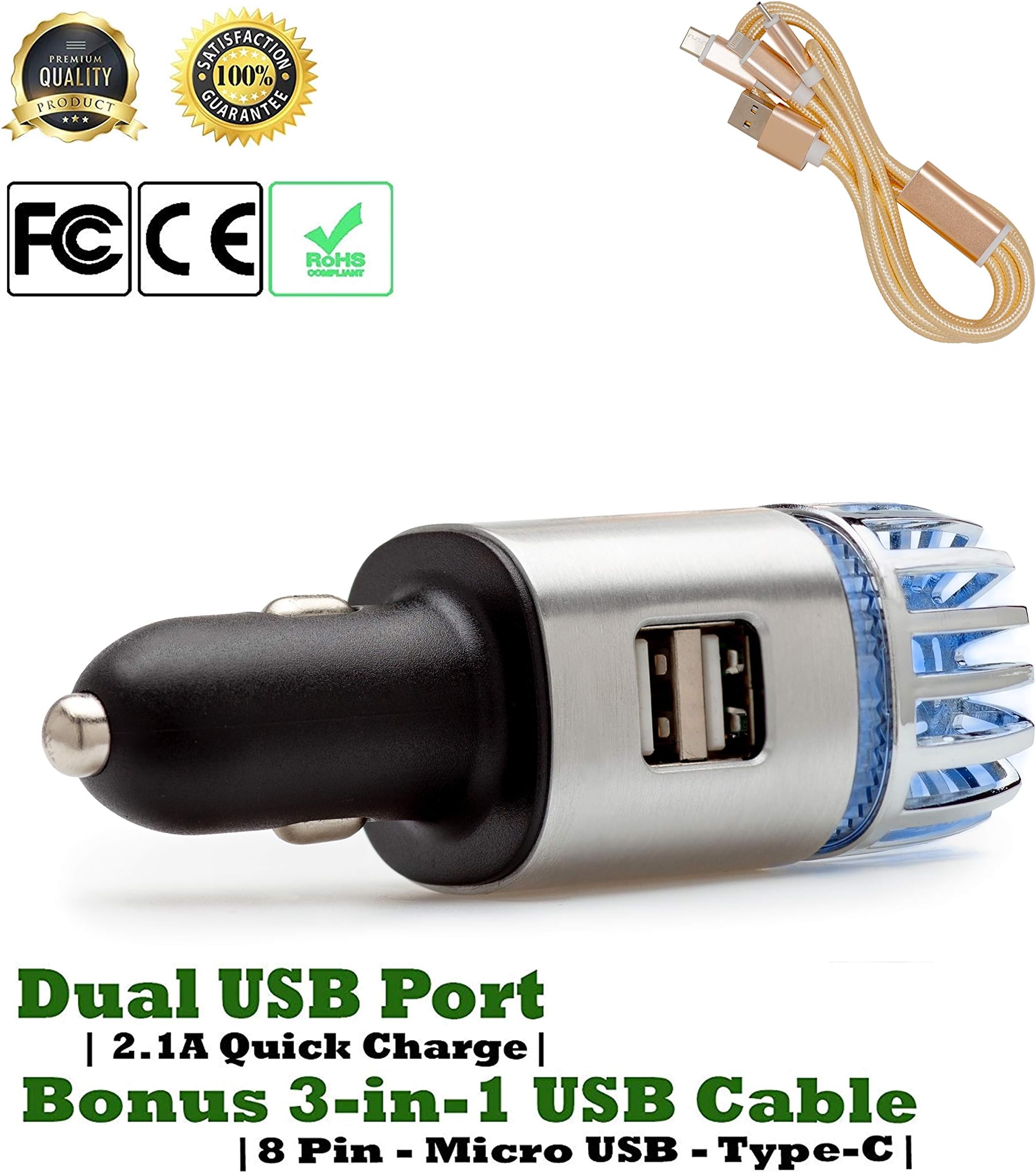 Odor Eliminating Car Air Purifier - 3-in-1 Charging Cable & 2-USB Ports - Control Dust, Pollen & Other Allergens - Remove Odor, Smoke & Air Pollutants - Car Deodorizer & Freshener