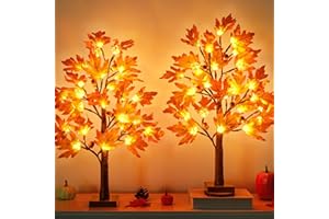 JO.DEVIVRE 2 Pack 24 Inch Artificial Fall Prelit Maple Tree, 48LED Thanksgiving Decoration Maple Tree Battery Operated Lighted Pumpkin Tabletop Light Up Tree for Fall Home Indoor Autumn Harvest Thansgiving Decor