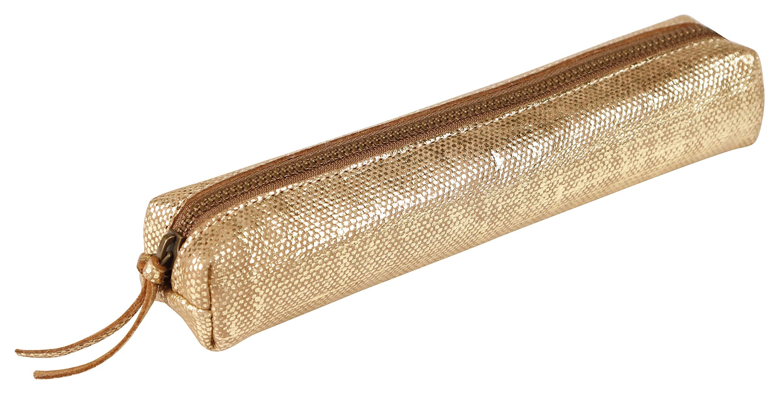 Clairefontaine - Ref 410031C - Kleo-Pathra' Leather Slim Pencil Case - 4 x 2.5 x 19.5cm, Made From Genuine Lambskin Leather, Metal Zip With Leather Puller - Gold