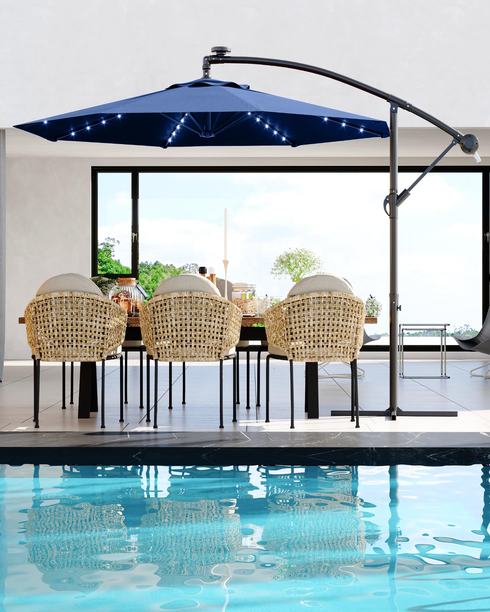 Photo 1 of 10FT Cantilever Umbrella with Solar Lights for 2-6 People, Outdoor Offset Design with Infinite Tilt and Crank Lift, Fade Resistant Canopy Large Patio Umbrella for Deck Pool Garden Backyard,Navy Blue