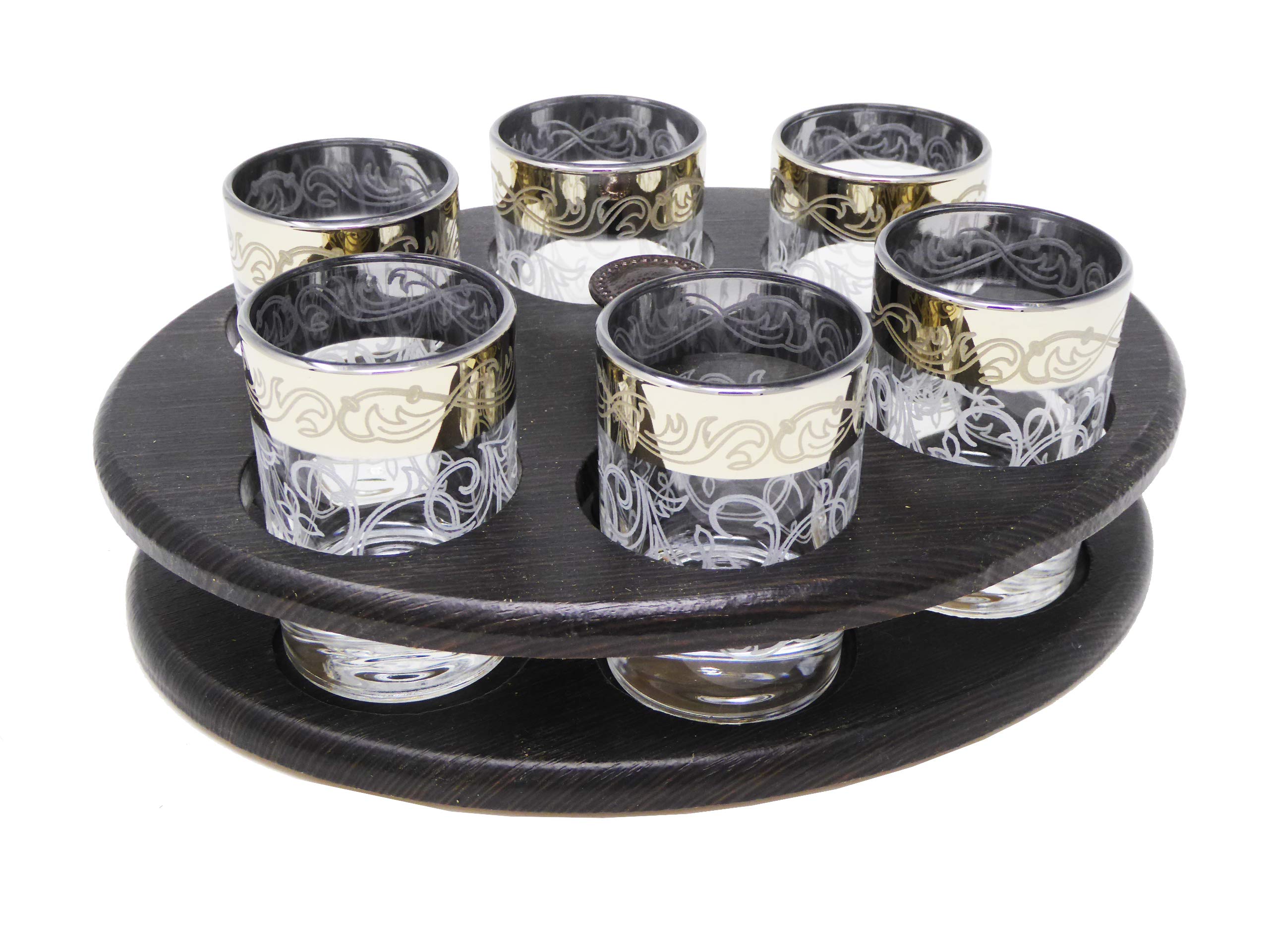 Glasstar Set of 6 Decorated Vodka Glasses with Wooden Bar