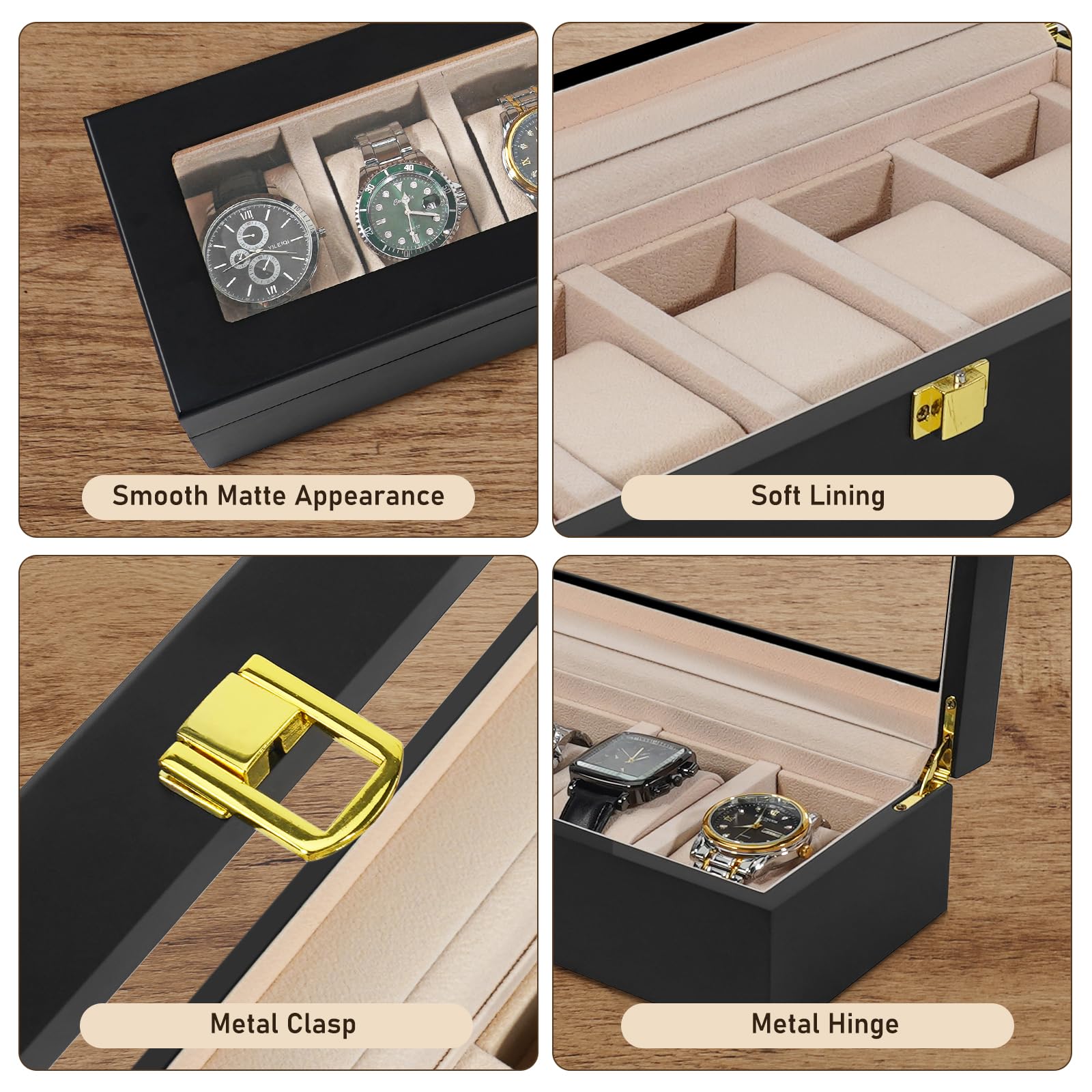 Vockow Wooden Watch Storage Box - 5 Slot Watch Display Case for Men Women | Watch Holder Organizer fit Watches with Dial Size up to 52 mm Black