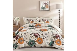 Xruibed Floral Comforter Set Queen Size 7 Pieces, Beige Orange Bed in a Bag Flower Boho Comforter Set with Sheet, Pillowcases