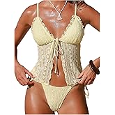 SOLY HUX Women's Lace Tankini Swimsuits Frill Tie Side Two Piece Bathing Suit Beachwear