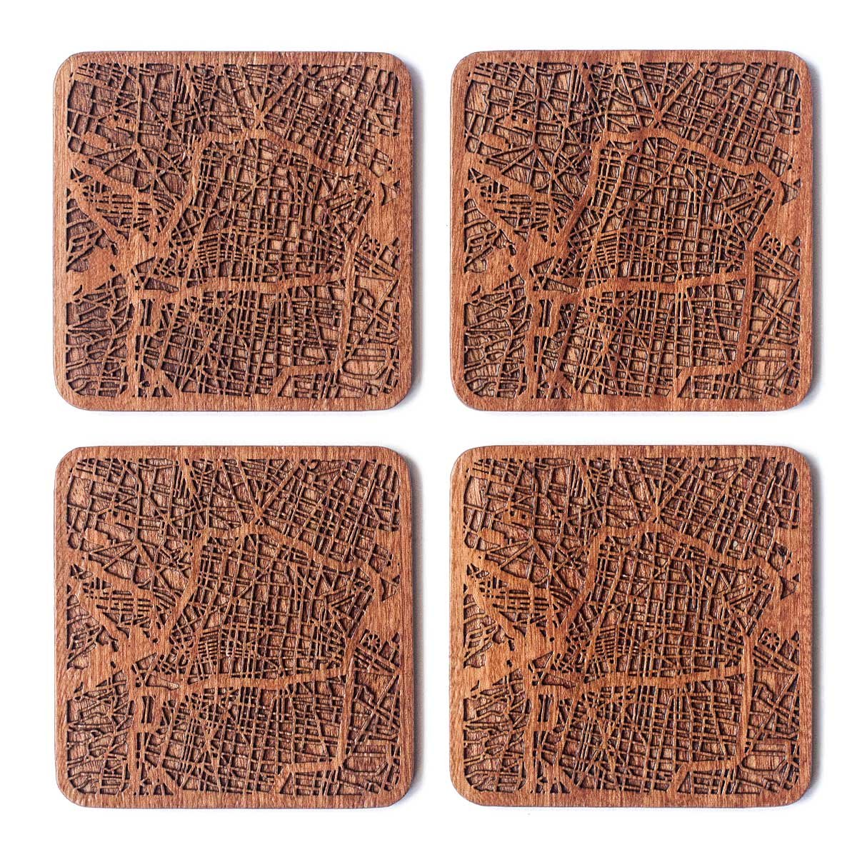 Mexico City Map Coaster, Set of 4, Sapele Wooden Coaster with City map, Multiple City Optional, Handmade