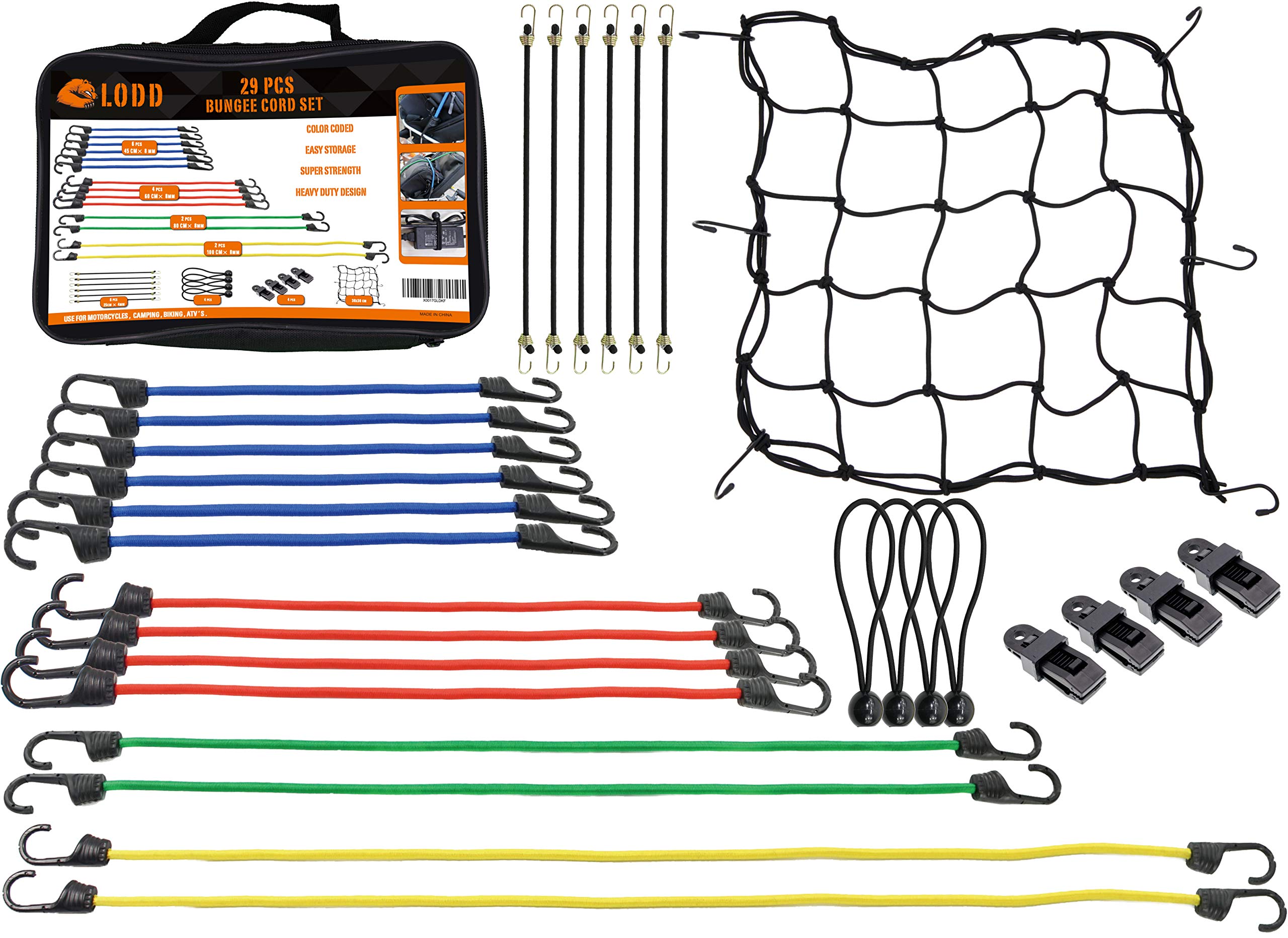 Lodd - Elastic Bungee Cord with Hooks set, 29 Pcs Bungee Cords, Clips for Tarpaulin, Net Comes with carry case.