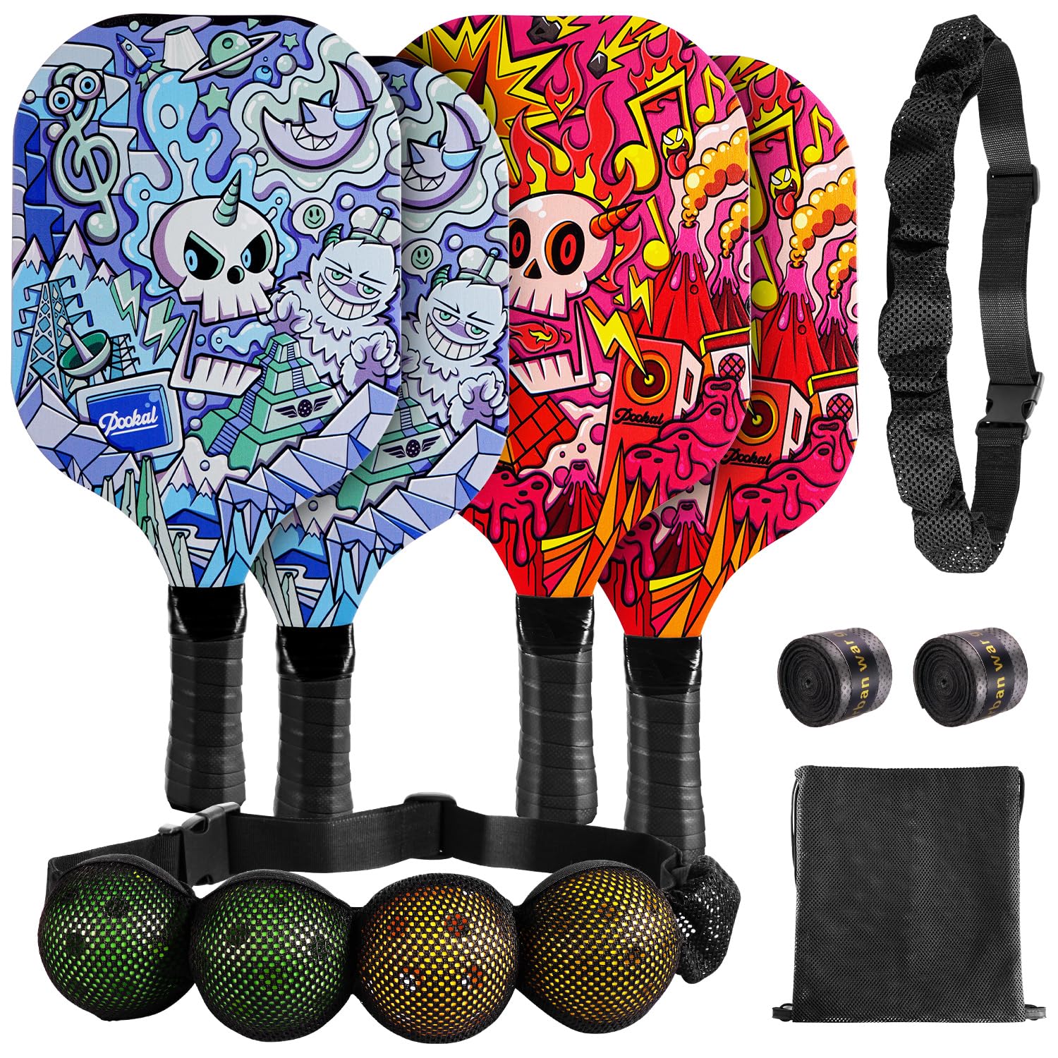 Pickleball Set of 4, Pickleball Paddles Set of 4 with 4 Premium Wood Paddles & 4 Pickleballs & 2 Handle Grips Tape & 2 Pickleball Belts & Carry Bag for Beginners Men Women Adults(Skull Pattern)