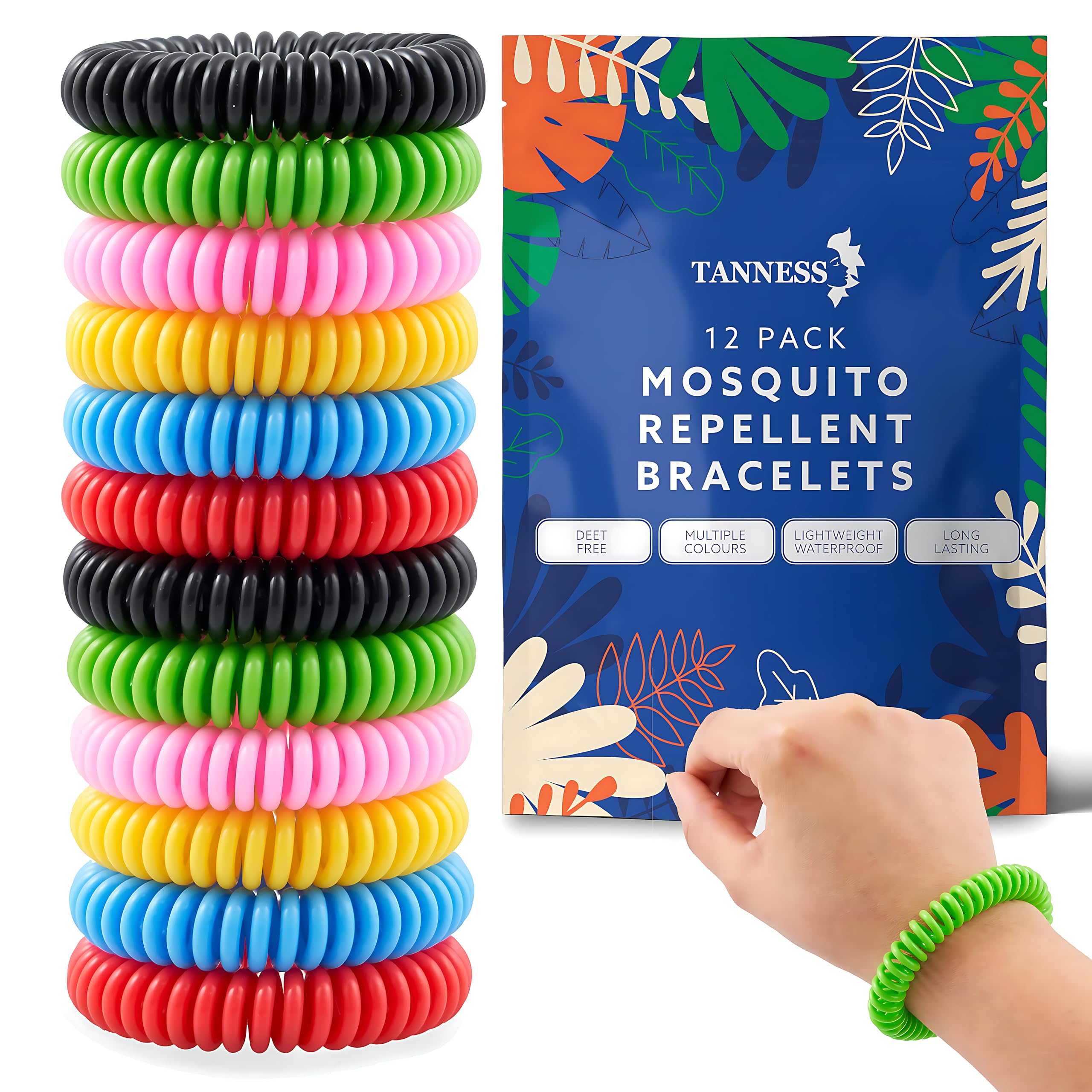 Tanness 12 Pack Mosquito Repellent Bracelet – Non-Toxic DEET-Free Bug & Insect Repellent Bands, Waterproof Mosquito Bands, Bracelets, Travel & Holiday Essentials for Kids & Adults