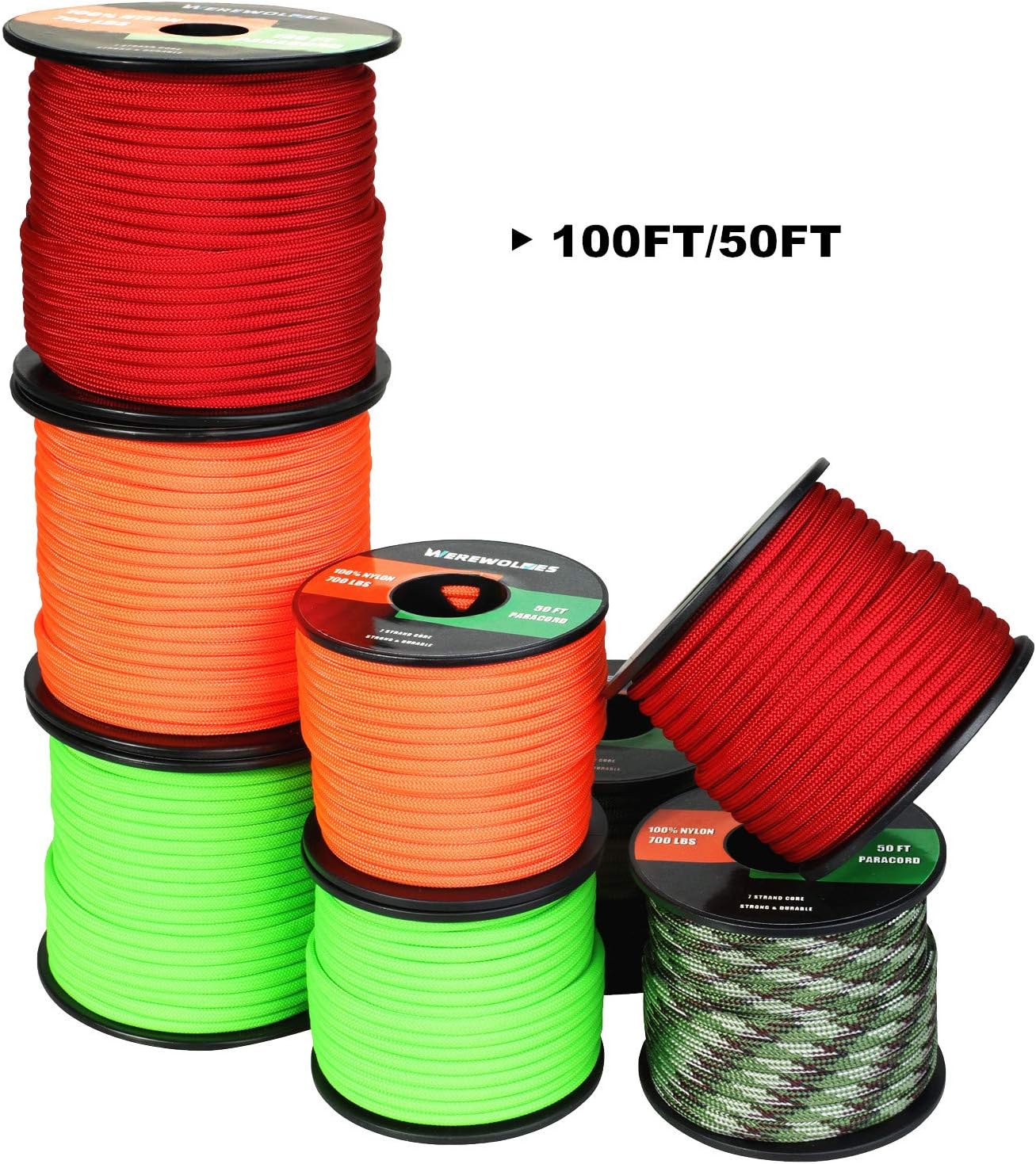 WEREWOLVES 700lb Paracord/Parachute Cord - Type III 7 Strand 100% Nylon Core and Shell 700 lb Tensile Strength Paracord Spool : Sports & Outdoors