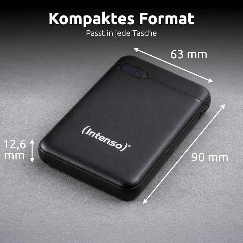 Powerbank XS5000 – 5.000 mAh – Kompakter externer Akku für iPhone, Smartphone, Tablet & Kamera, USB-C, USB-A, microUSB, Schnelles Laden, Schwarz